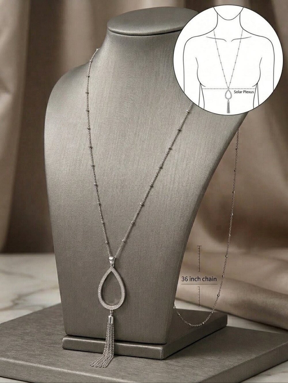 Swarovski Crystal Pavé Teardrop Tassel Necklace  925 Silver Overlay | Rhodium - Picture 5 of 5